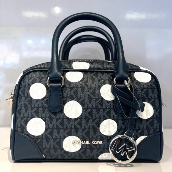 Michael Kors Thompson Extra-Small Polka Dot Signature Logo Satchel Bag Navy Blue - Picture 4 of 10